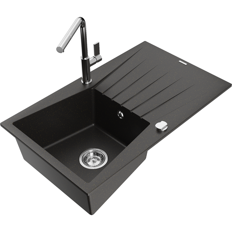 Mexen Cesar 1-compartment granite sink with a drip tray and kitchen mixer tap Flora, Black/Gold metallic - 6514-75-670401-00