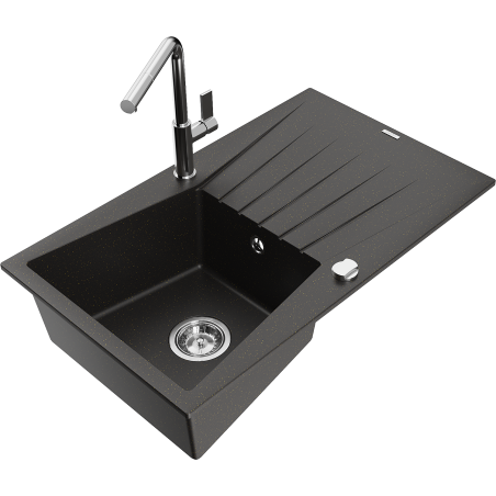 Mexen Cesar 1-bowl granite kitchen sink with drainer and Flora tap, black/golden metallic - 6514-75-670401-00