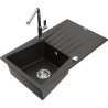 Mexen Cesar 1-bowl granite kitchen sink with drainer and Flora tap, black/golden metallic - 6514-75-670401-00
