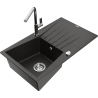 Mexen Cesar 1-compartment granite sink with a drip tray and kitchen mixer tap Flora, Black/Gold metallic - 6514-75-670401-00
