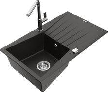 Mexen Cesar 1-bowl granite kitchen sink with drainer and Flora faucet, black/gold metallic - 6514-75-670401-00