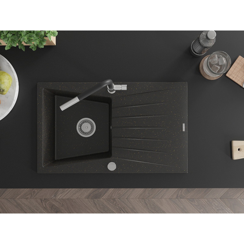 Mexen Cesar 1-bowl granite sink with drainer and Flora kitchen faucet, black/gold metallic - 6514-75-670401-07