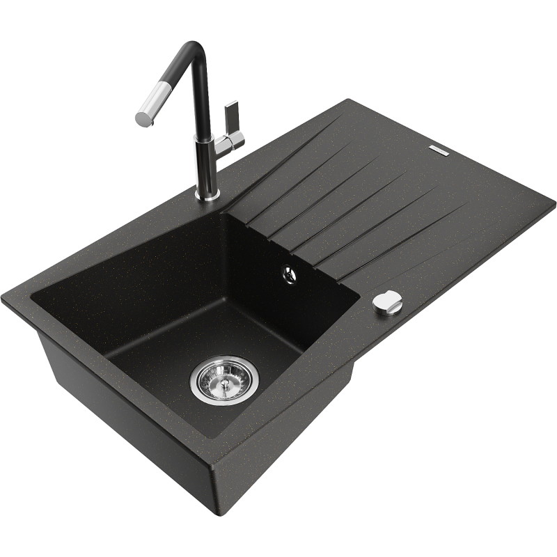 Mexen Cesar 1-bowl granite sink with drainer and Flora kitchen faucet, black/gold metallic - 6514-75-670401-07