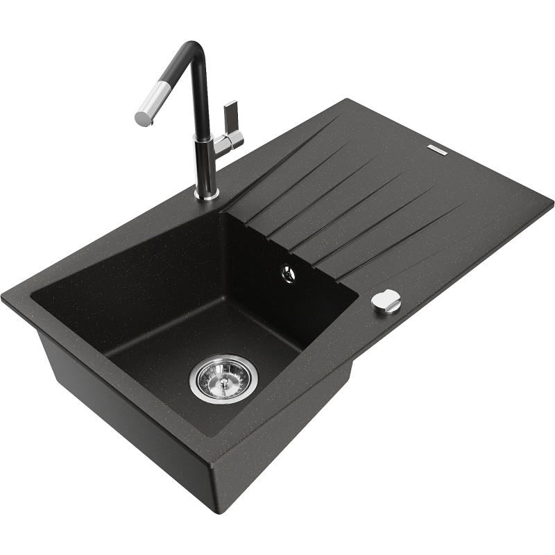 Mexen Cesar 1-compartment granite sink with a drip tray and kitchen mixer tap Flora, Black/Gold metallic - 6514-75-670401-07