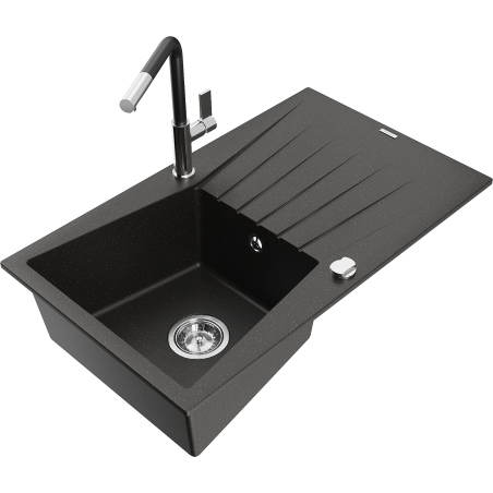 Mexen Cesar 1-compartment granite sink with a drip tray and kitchen mixer tap Flora, Black/Gold metallic - 6514-75-670401-07