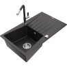 Mexen Cesar 1-bowl granite sink with drainer and Flora kitchen faucet, black/gold metallic - 6514-75-670401-07