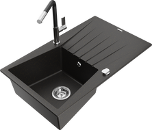 Mexen Cesar 1-bowl granite sink with drainer and Flora kitchen faucet, black/gold metallic - 6514-75-670401-07