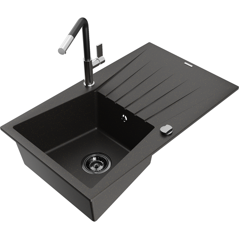 Mexen Cesar 1-bowl granite sink with drainer and Flora kitchen tap, black/gold metallic - 6514-75-670401-07-B