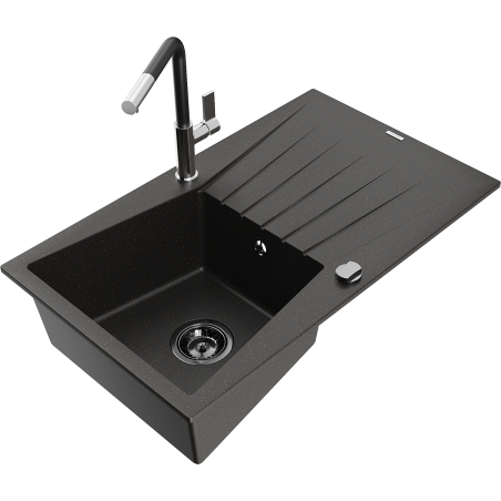 Mexen Cesar 1-compartment granite sink with a drip tray and kitchen mixer tap Flora, Black/Gold metallic - 6514-75-670401-07-B