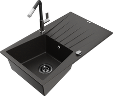 Mexen Cesar 1-bowl granite sink with drainer and Flora kitchen tap, black/gold metallic - 6514-75-670401-07-B