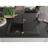 Mexen Cesar Granite kitchen sink with 1 bowl, drainer, and Flora kitchen faucet, black/gold metallic - 6514-75-670401-57-G
