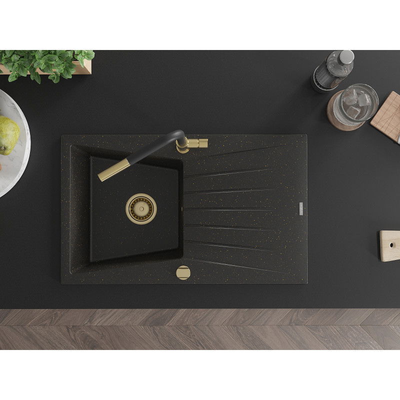 Mexen Cesar granite sink 1-bowl with drainer and Flora kitchen tap, black/gold metallic - 6514-75-670401-57-G