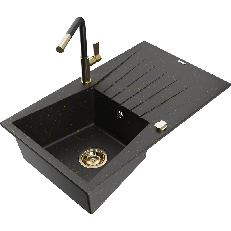 Mexen Cesar 1-compartment granite sink with a drip tray and kitchen mixer tap Flora, Black/Gold metallic - 6514-75-670401-57-G