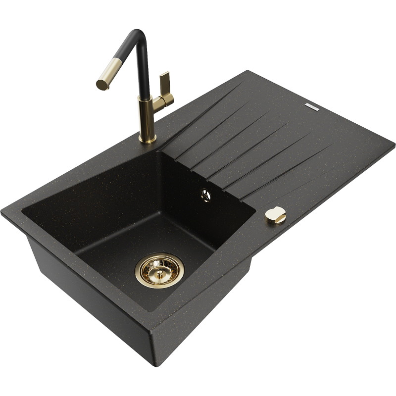 Mexen Cesar Granite kitchen sink with 1 bowl, drainer, and Flora kitchen faucet, black/gold metallic - 6514-75-670401-57-G