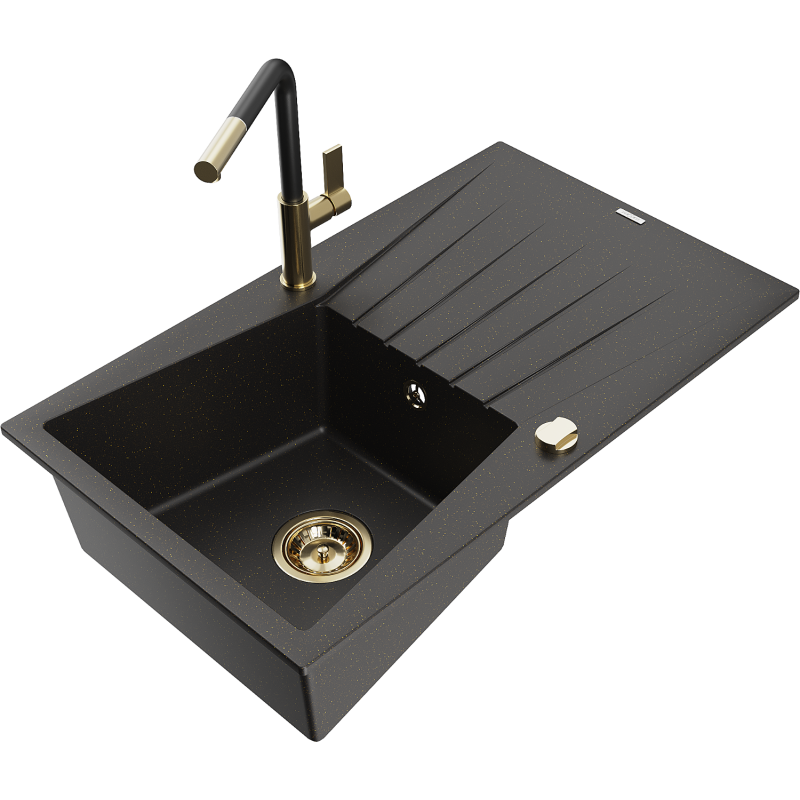 Mexen Cesar granite sink 1-bowl with drainer and Flora kitchen tap, black/gold metallic - 6514-75-670401-57-G