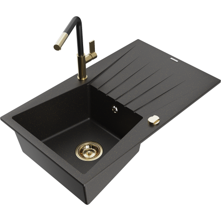Mexen Cesar 1-compartment granite sink with a drip tray and kitchen mixer tap Flora, Black/Gold metallic - 6514-75-670401-57-G