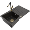 Mexen Cesar 1-compartment granite sink with a drip tray and kitchen mixer tap Flora, Black/Gold metallic - 6514-75-670401-57-G