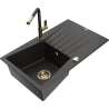 Mexen Cesar Granite kitchen sink with 1 bowl, drainer, and Flora kitchen faucet, black/gold metallic - 6514-75-670401-57-G