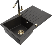 Mexen Cesar 1-compartment granite sink with a drip tray and kitchen mixer tap Flora, Black/Gold metallic - 6514-75-670401-57-G
