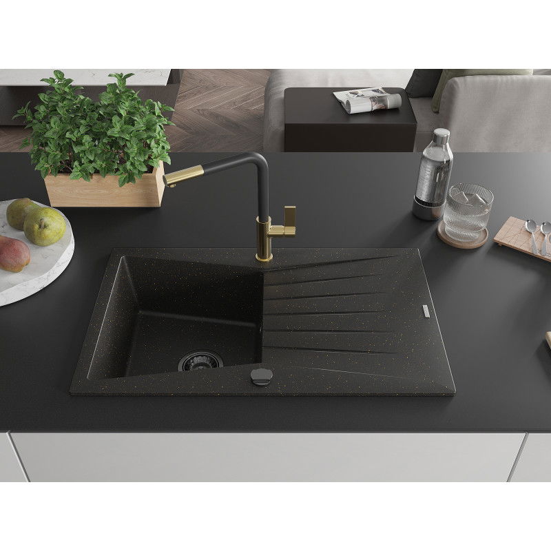 Mexen Cesar single-bowl granite sink with drainer and Flora kitchen tap, black/golden metallic - 6514-75-670401-57-B