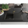 Mexen Cesar granite kitchen sink 1-bowl with drainer and Flora kitchen faucet, black/gold metallic - 6514-75-670401-57-B