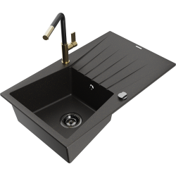 Mexen Cesar 1-compartment granite sink with a drip tray and kitchen mixer tap Flora, Black/Gold metallic - 6514-75-670401-57-B