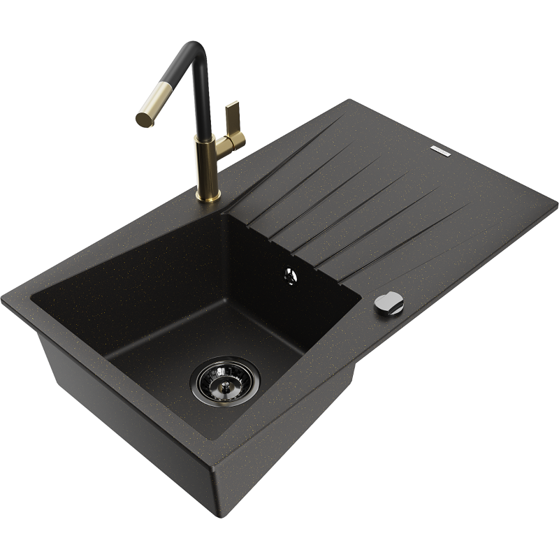 Mexen Cesar 1-compartment granite sink with a drip tray and kitchen mixer tap Flora, Black/Gold metallic - 6514-75-670401-57-B