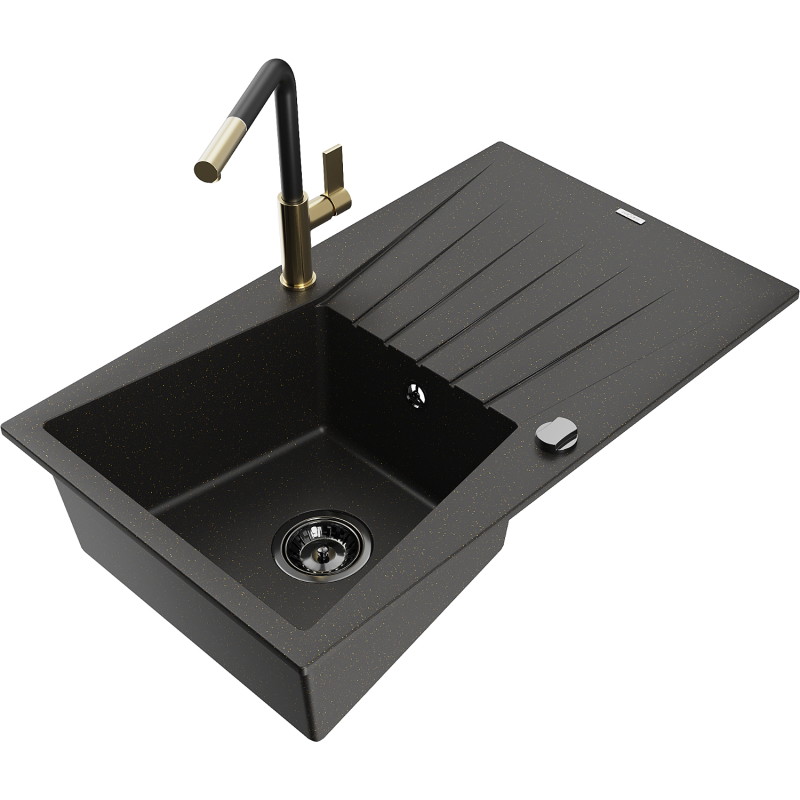 Mexen Cesar granite sink 1-bowl with drainer and Flora kitchen faucet, black/gold metallic - 6514-75-670401-57-B