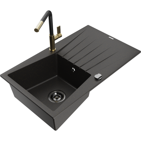 Mexen Cesar granite sink 1-bowl with drainer and Flora kitchen faucet, black/gold metallic - 6514-75-670401-57-B