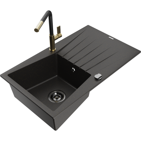 Mexen Cesar single-bowl granite sink with drainer and Flora kitchen tap, black/golden metallic - 6514-75-670401-57-B
