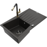 Mexen Cesar 1-compartment granite sink with a drip tray and kitchen mixer tap Flora, Black/Gold metallic - 6514-75-670401-57-B