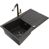 Mexen Cesar granite sink 1-bowl with drainer and Flora kitchen faucet, black/gold metallic - 6514-75-670401-57-B