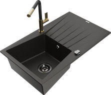 Mexen Cesar granite sink 1-bowl with drainer and Flora kitchen faucet, black/gold metallic - 6514-75-670401-57-B