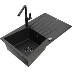 Mexen Cesar 1-compartment granite sink with a drip tray and kitchen mixer tap Flora, Black/Gold metallic - 6514-75-670401-70-B