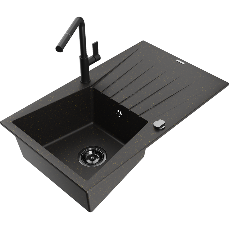 Mexen Cesar 1-compartment granite sink with a drip tray and kitchen mixer tap Flora, Black/Gold metallic - 6514-75-670401-70-B