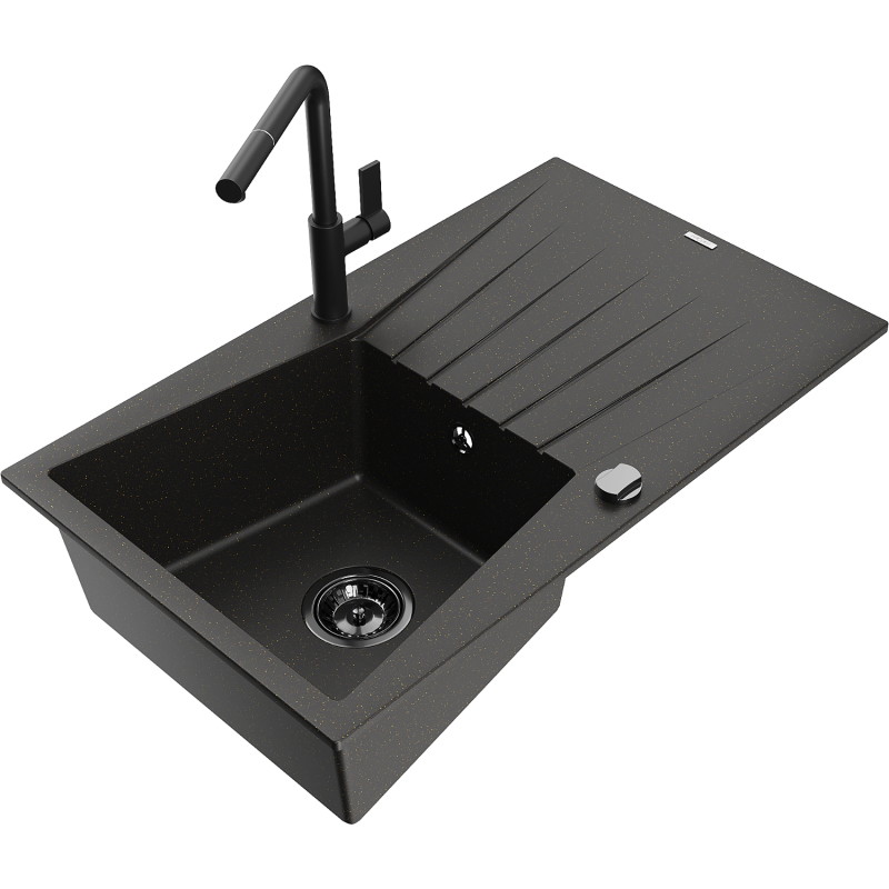 Mexen Cesar granite sink 1-bowl with drainer and Flora kitchen faucet, black/gold metallic - 6514-75-670401-70-B