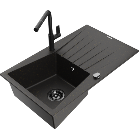 Mexen Cesar granite kitchen sink 1-bowl with drainer and Flora kitchen faucet, black/gold metallic - 6514-75-670401-70-B