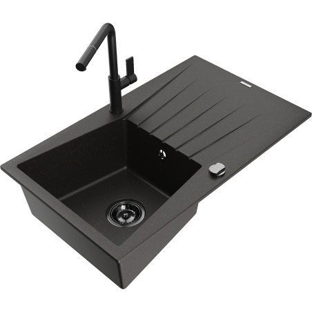 Mexen Cesar granite sink 1-bowl with drainer and Flora kitchen tap, black/gold metallic - 6514-75-670401-70-B