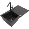 Mexen Cesar granite kitchen sink 1-bowl with drainer and Flora kitchen faucet, black/gold metallic - 6514-75-670401-70-B