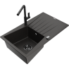 Mexen Cesar granite sink 1-bowl with drainer and Flora kitchen faucet, black/gold metallic - 6514-75-670401-70-B