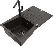 Mexen Cesar granite sink 1-bowl with drainer and Flora kitchen faucet, black/gold metallic - 6514-75-670401-70-B