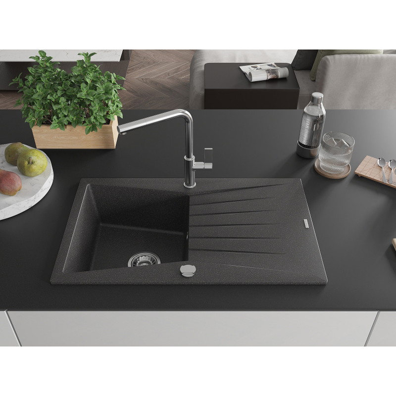 Mexen Cesar single-bowl granite kitchen sink with drainer and Flora faucet, black speckled - 6514-76-670401-00