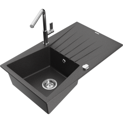 Mexen Cesar 1-compartment granite sink with a drip tray and kitchen mixer tap Flora, spotted black - 6514-76-670401-00