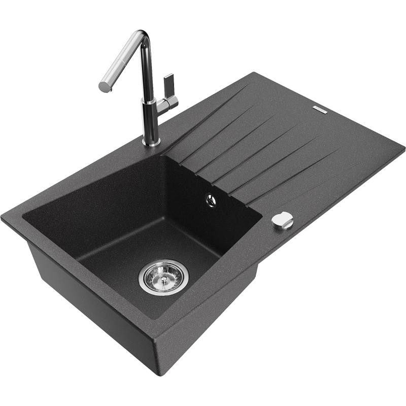 Mexen Cesar 1-compartment granite sink with a drip tray and kitchen mixer tap Flora, spotted black - 6514-76-670401-00
