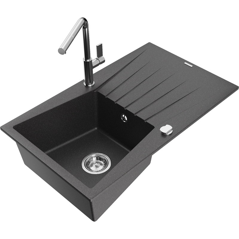 Mexen Cesar granite kitchen sink 1-bowl with drainer and kitchen faucet Flora, speckled black - 6514-76-670401-00