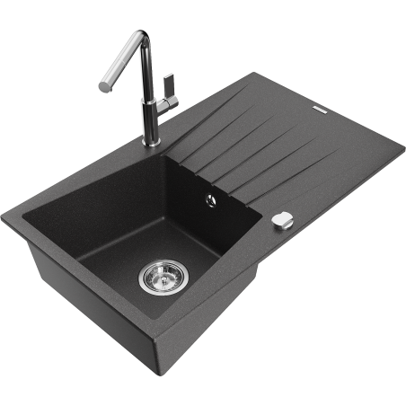 Mexen Cesar single-bowl granite kitchen sink with drainer and Flora faucet, black speckled - 6514-76-670401-00