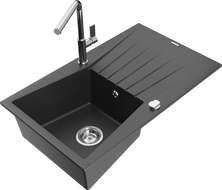 Mexen Cesar 1-bowl granite sink with drainer and Flora kitchen tap, black speckled - 6514-76-670401-00