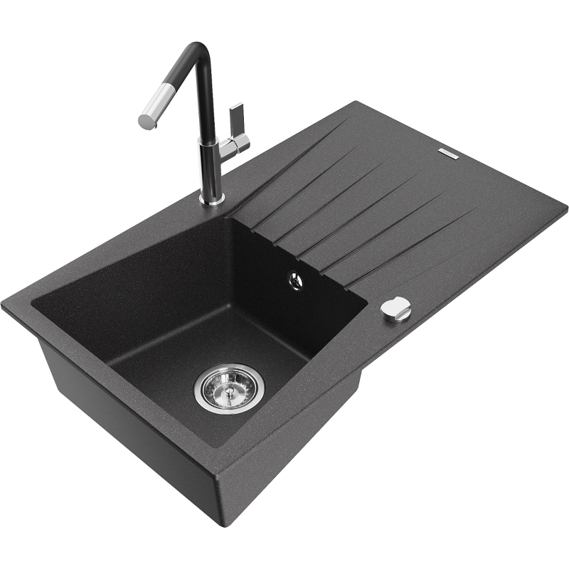 Mexen Cesar 1-bowl granite sink with drainer and Flora kitchen tap, black speckled - 6514-76-670401-07