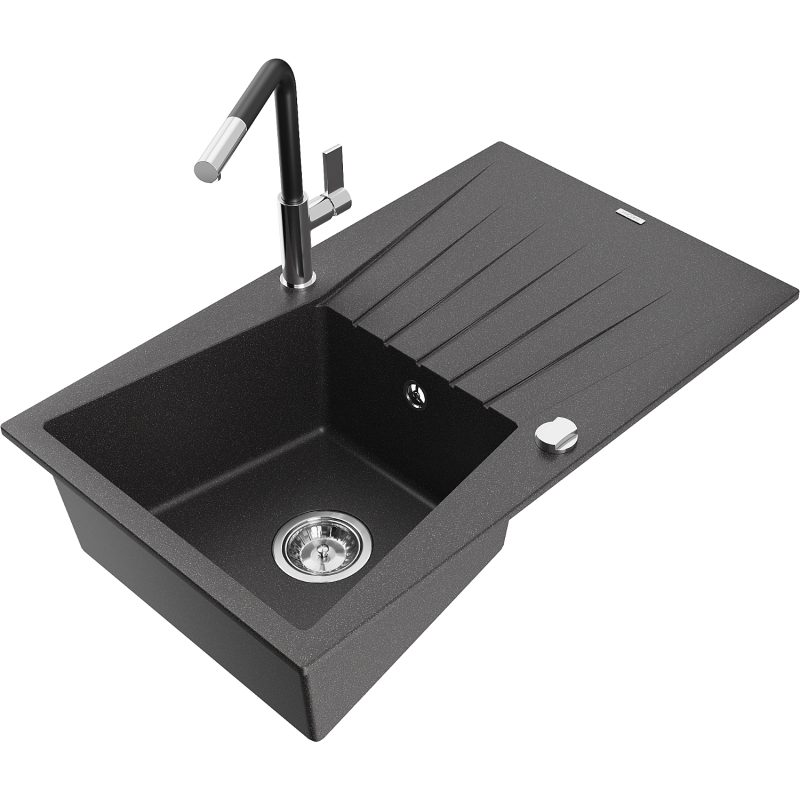 Mexen Cesar 1-compartment granite sink with a drip tray and kitchen mixer tap Flora, spotted black - 6514-76-670401-07