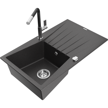 Mexen Cesar Granite Kitchen Sink 1-Bowl with Drainer and Flora Faucet, Black Spotted - 6514-76-670401-07